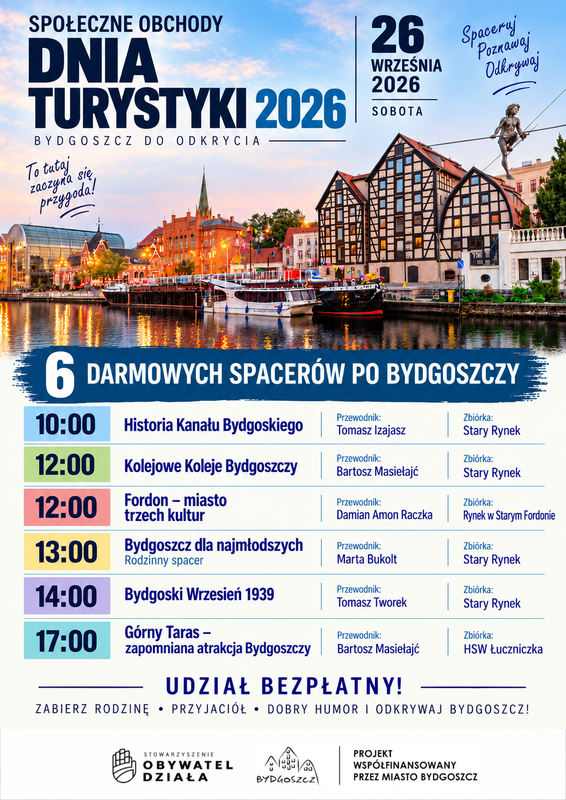 Sześć bezpłatnych spacerów po Bydgoszczy. Społeczne Obchody Dnia Turystyki już w najbliższą sobotę! 2 plakat
